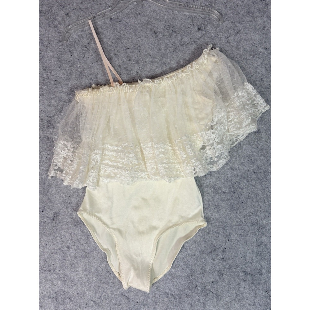 VTG 1970s Art Stone Youth M Dance Costume Leotard Ivory Lace Tulle Disco USA